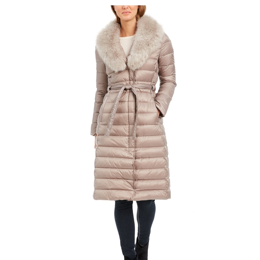 Tahari Women's Puffer Coat with Faux Fur Collar - Taupe
